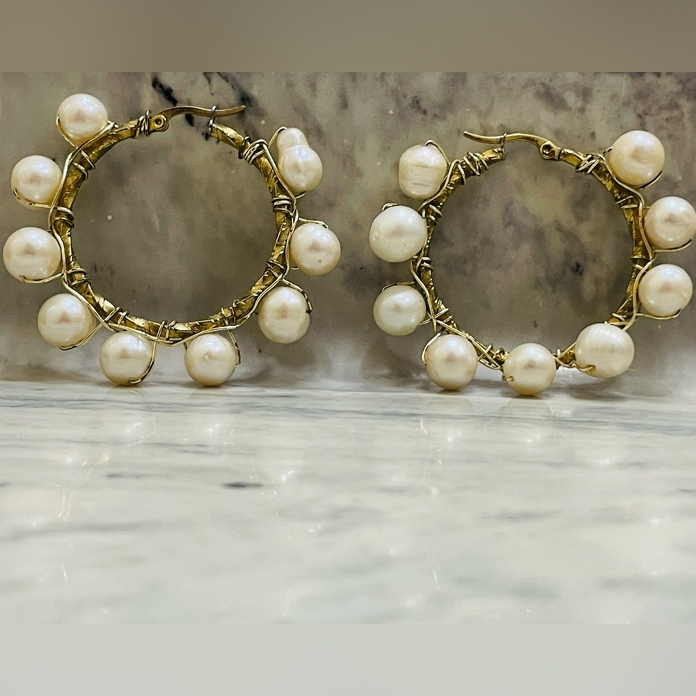 Handmade Pearl Hoop Earrings Gold Tone Artisan Wire Wrapped Statement Jewelry - Picture 2 of 14